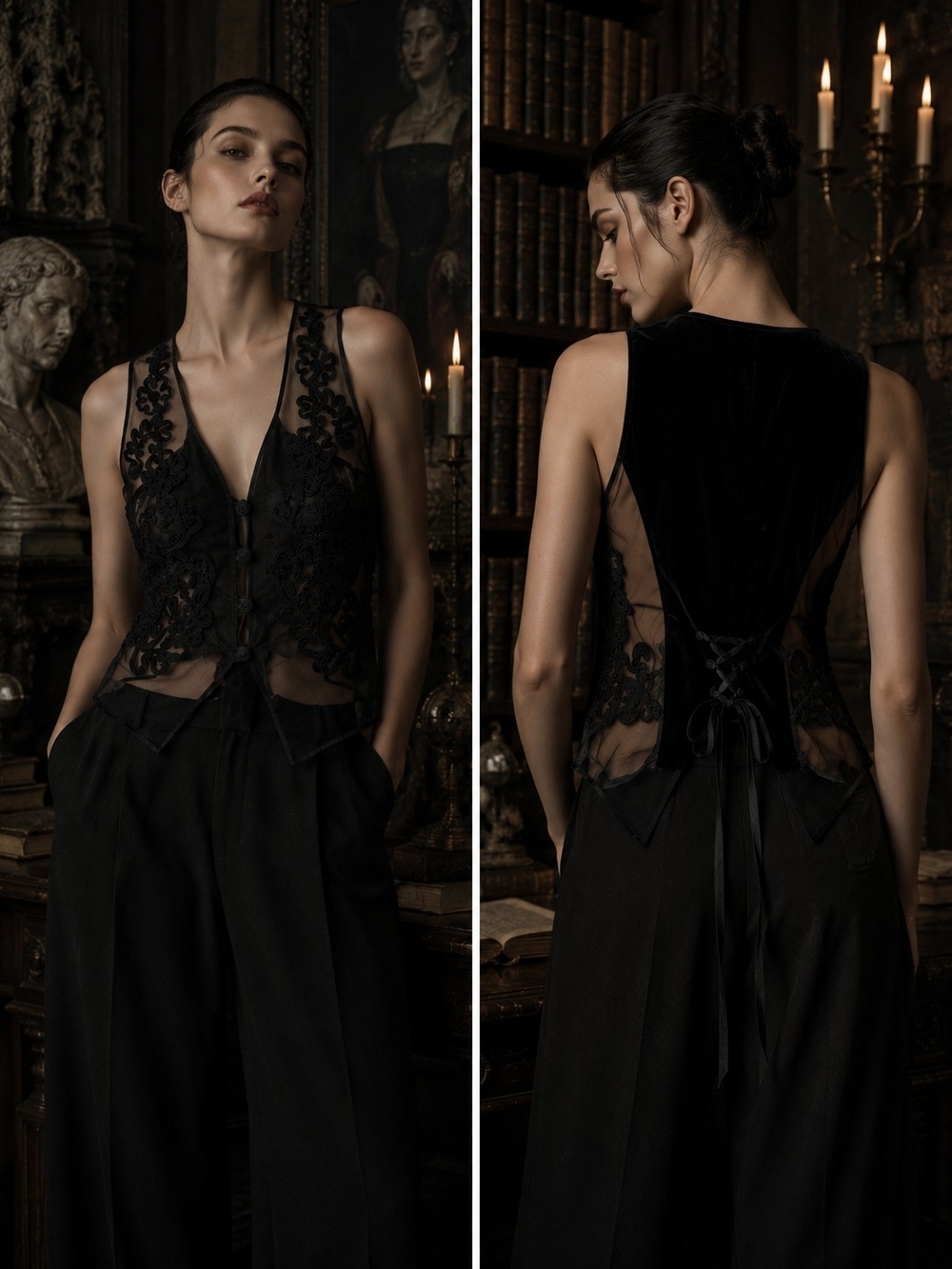 Dark Academia Gothic Avant Garde Sheer Embroidered Lace Velvet Vest M